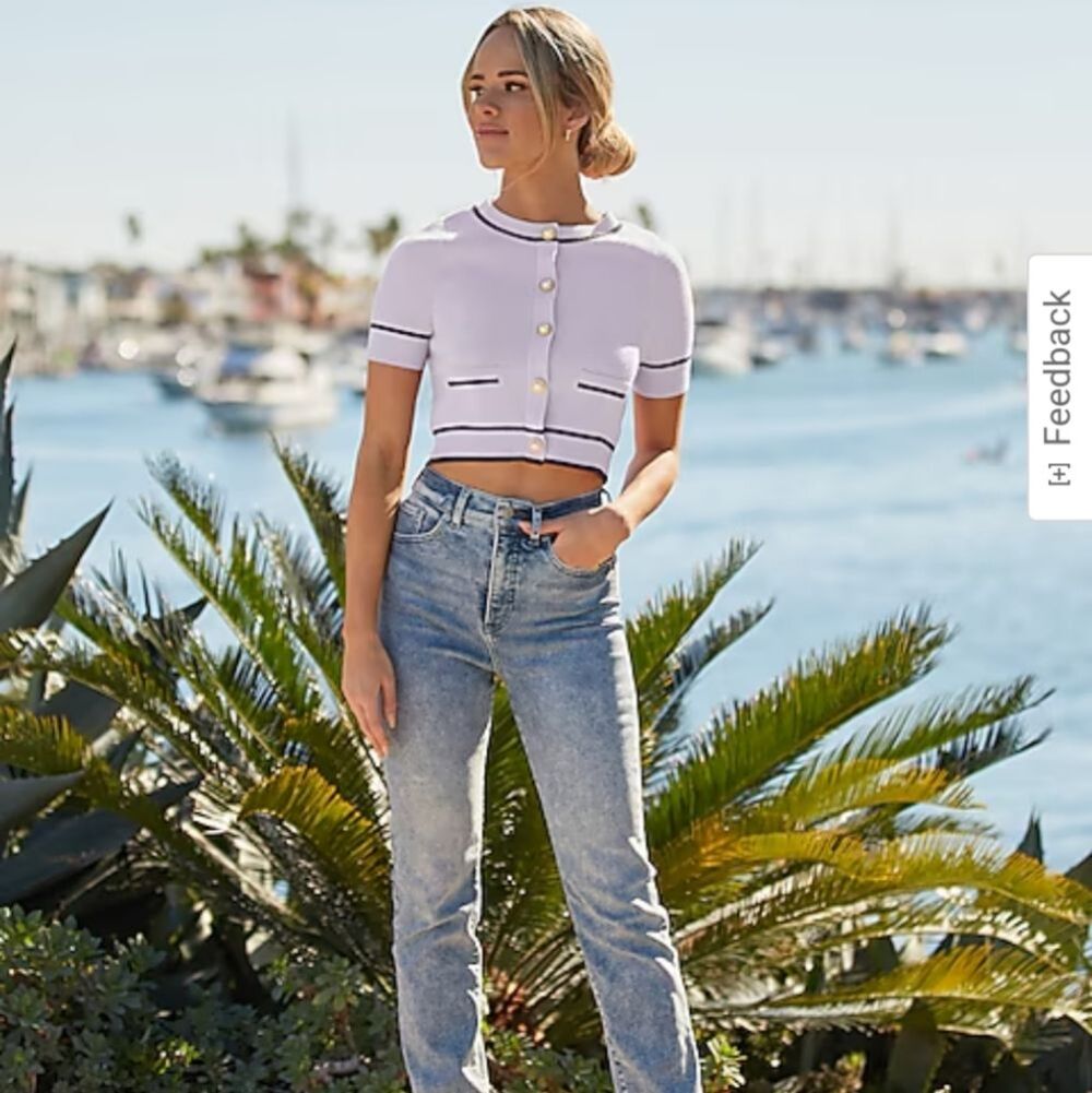 Express Faux Pearl Trim Crop Cardigan Top Light Blue Black Size XS